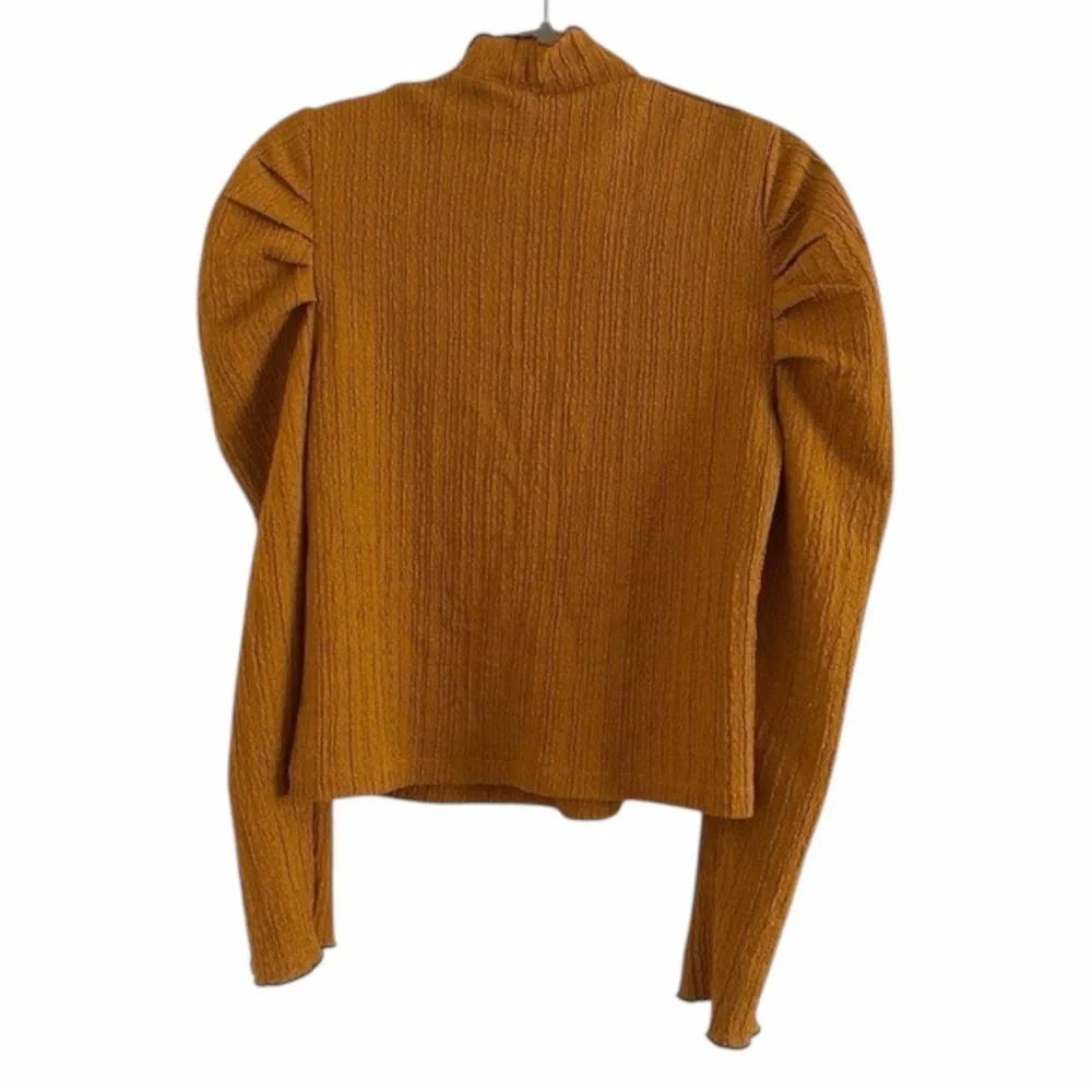Free People Ela Mock Neck Top Puff Sleeve Terracotta Textured Knit Poetcore S